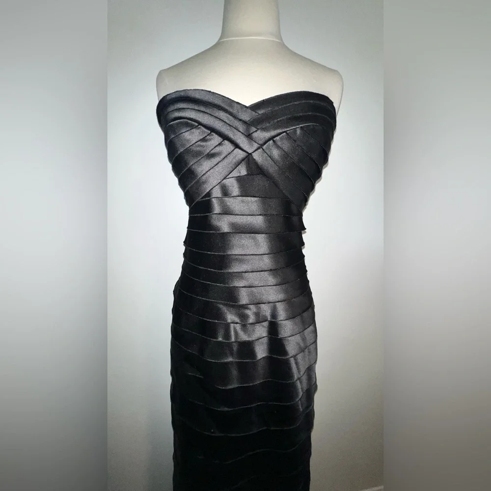 BCBGMAXAZRIA Black Tiered Satin Strapless Evening Gown 10 - Picture 2 of 7